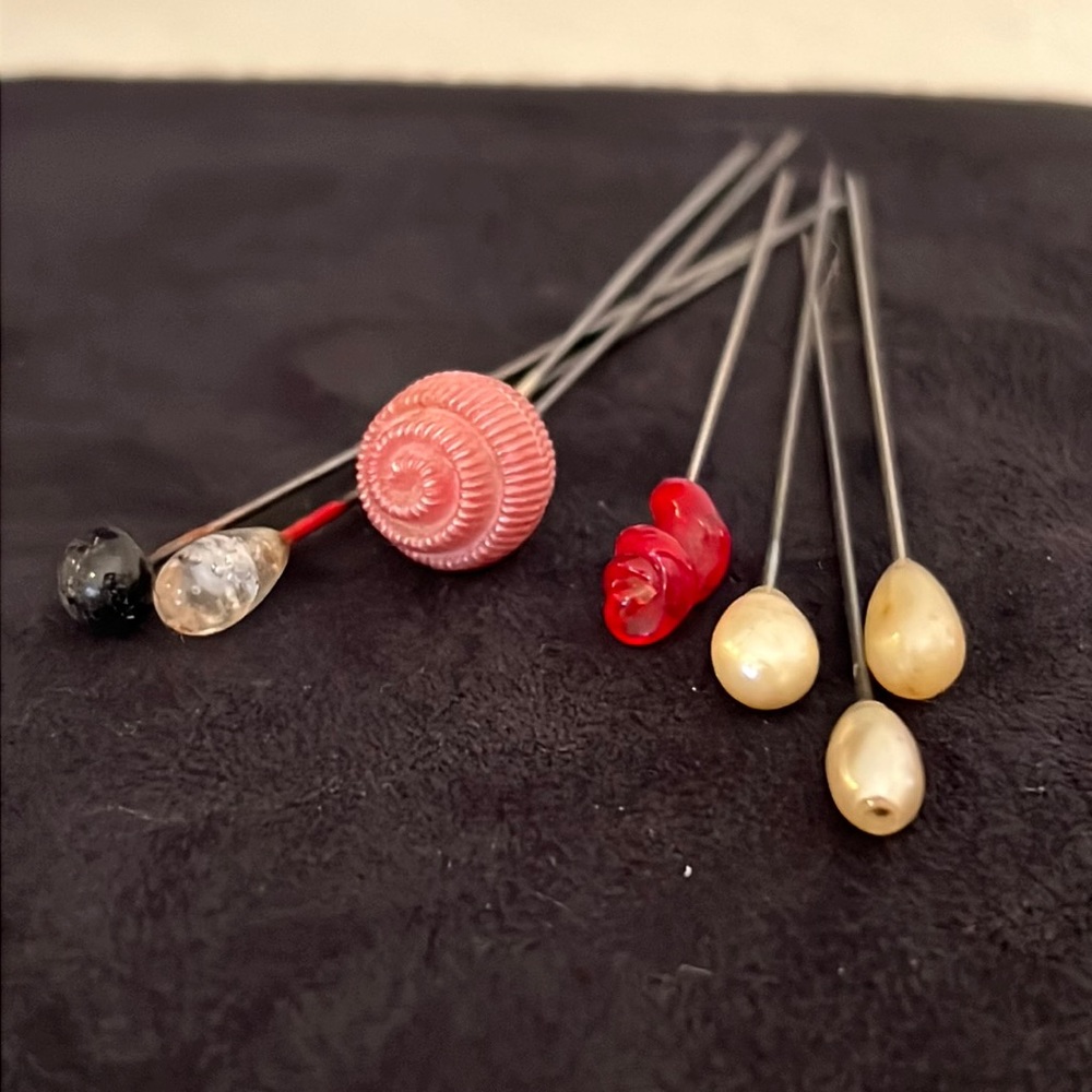 Lot of antique hat pins blown glass pearl ribbon 3”
